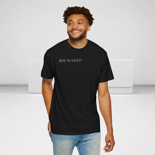 Rise In Light: Prologue T-Shirt-Christian Apparel. Front of shirt on a man.