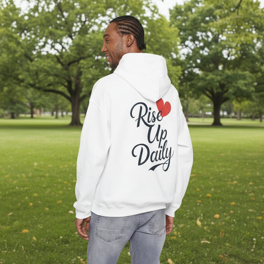 Rise In Light-Rise Up Daily Christian Hoodie. Back of Hoodie on man