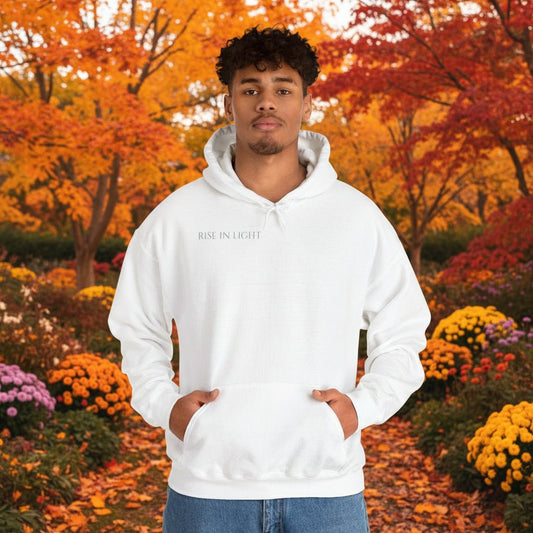 Rise In Light-The Power Of Faith Christian Hoodie. Font of hoodie with man wearing it.
